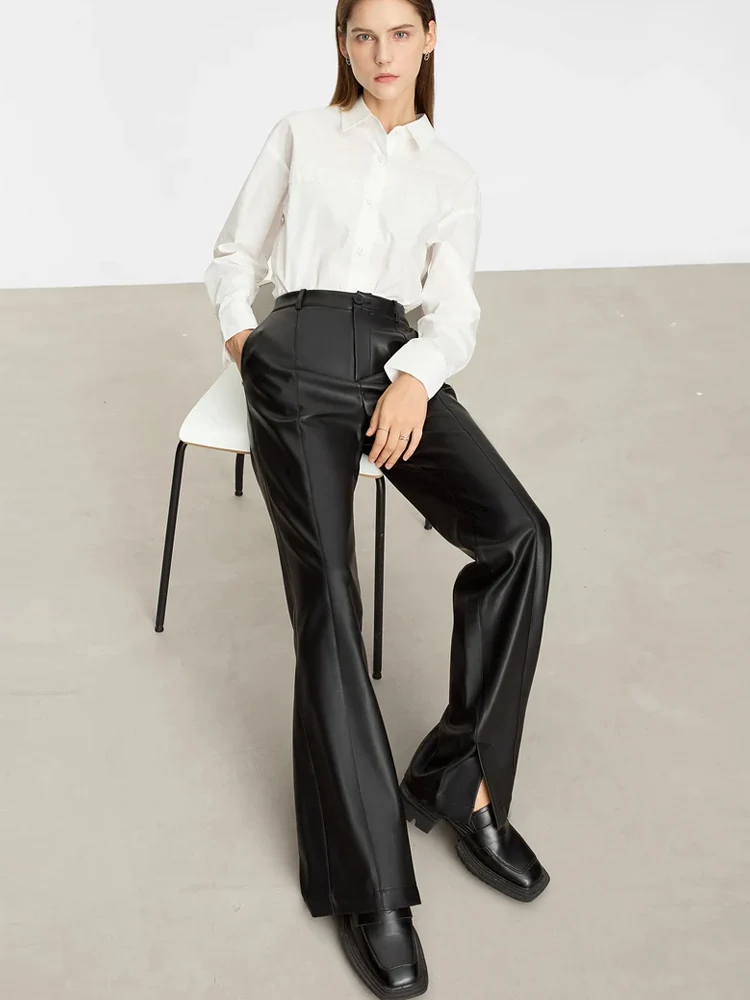 AMII Minimalistische PU-Leder-Freizeithose für Damen, 2024, Herbst, neue lockere bodenlange, gerade geschlitzte Damenhose 12343250