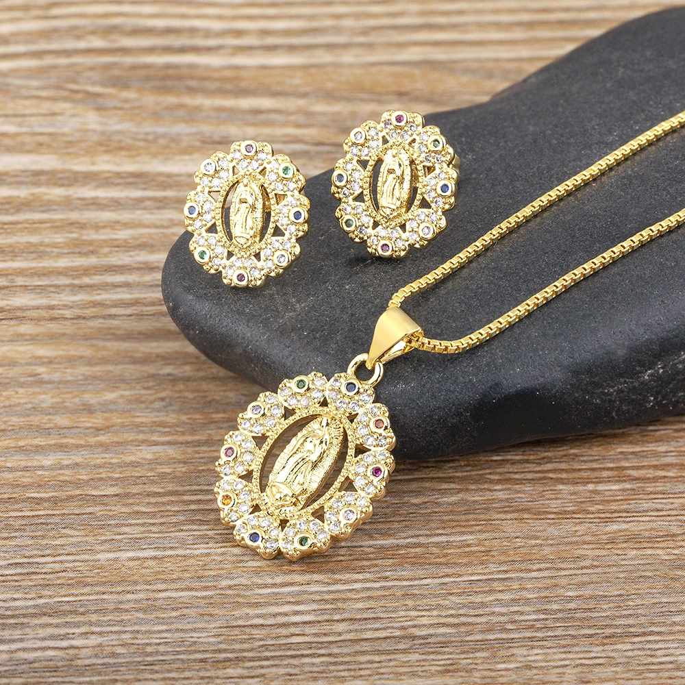 AIBEF Virgin Mary Earrings Necklace Women Religious Jewelry Sets Gold Color Copper Zircon Accessory Gift Wholesale Dropshipping