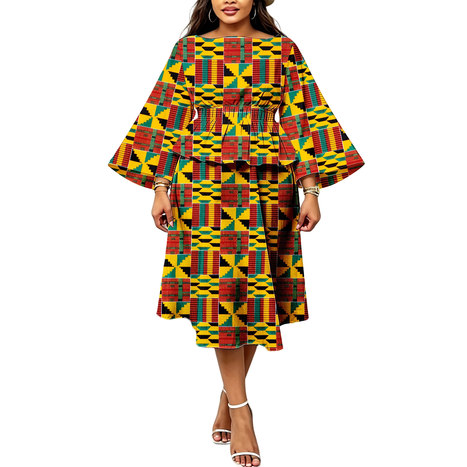 african-kente-print-clothes-ankara-flared-bell-3-4-sleeves-peplum-top-and-elastic-waist-midi-skirt-for-wedding-party