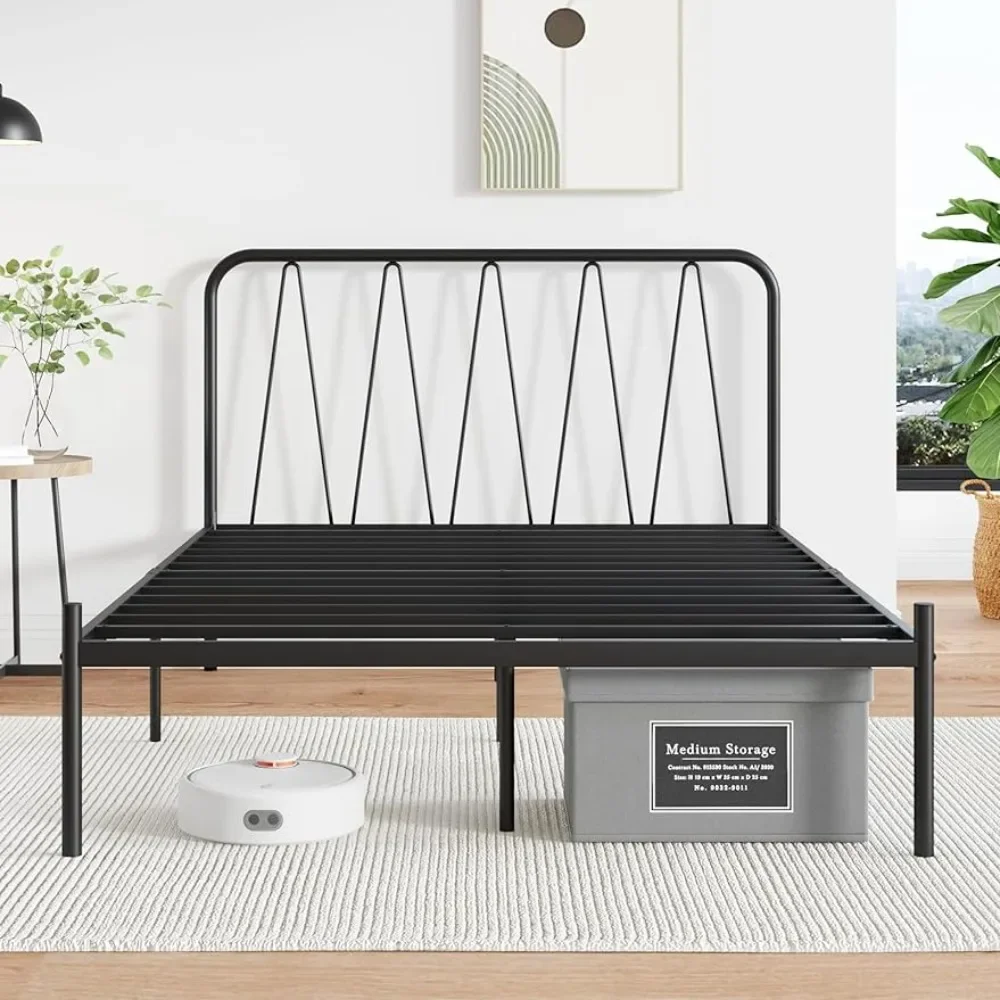 

Bed frame, 14" metal platform with modern headboard, heavy-duty metal slats support, full size bed frame