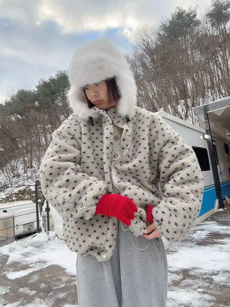 بوابة الشرق القلب البولكا نقطة فرو الضأن Jaet المرأة خمر فضفاض دافئ الوقوف طوق Plu معطف المرأة Faion الخريف #2
