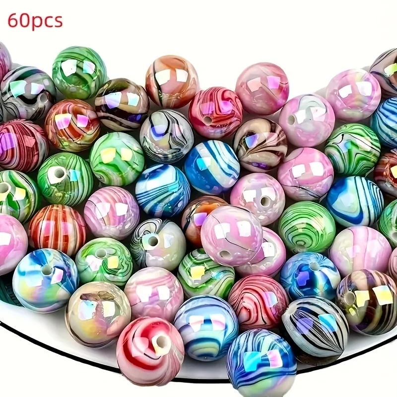 60 Stück Acrylperlen-Mix, 8mm Bunte Gemusterte Perlen Sortiment für DIY Schmuckherstellung, Mode-Perlenarbeiten und Bastelzubehör – Detail 1