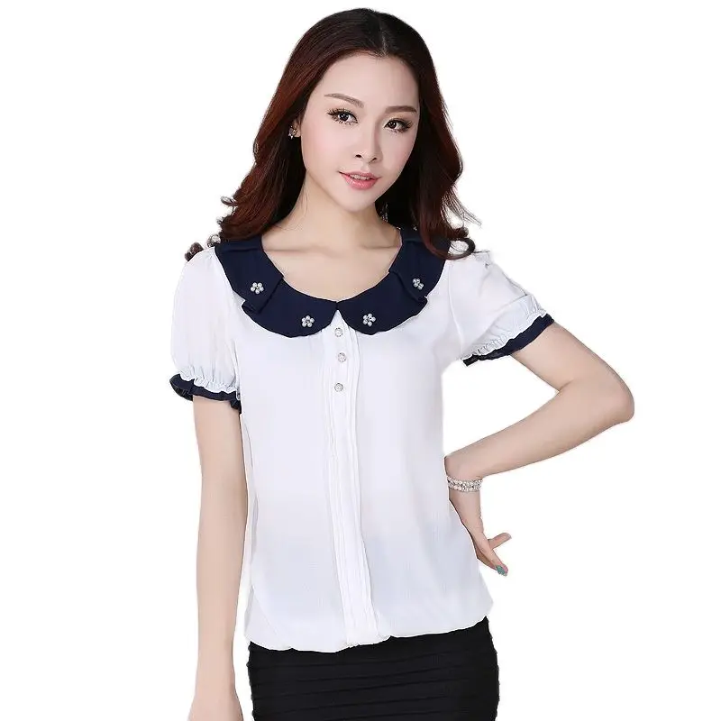 Woman Summer Chiffon Blouse Casual Solid Short Lantern Sleeve Peter Pan CollarFemale Splice Hedging Loose Shirts