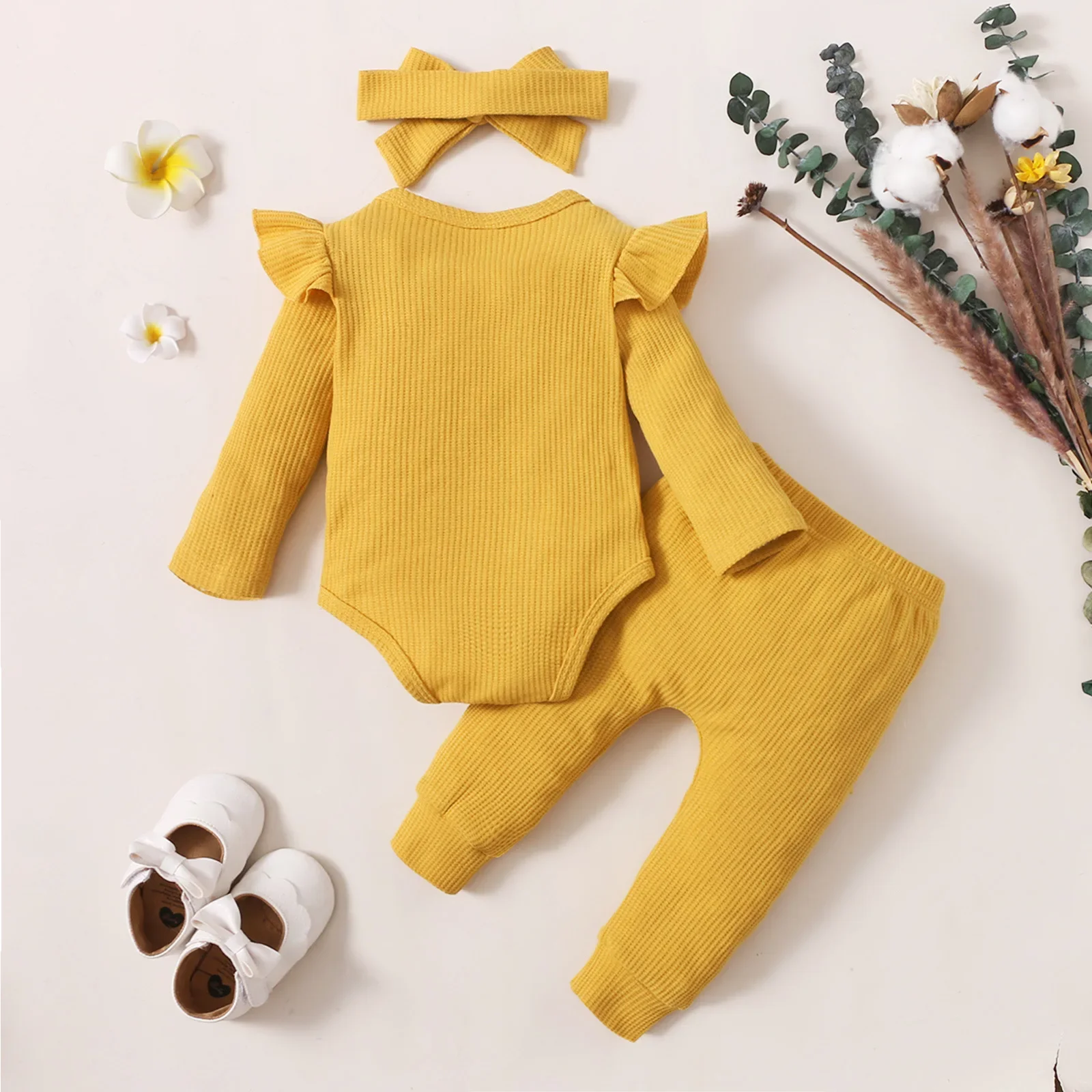 Newborn Clothes Girls 3Months 6Months One Year Baby Girl Clothes Set Toddler Girl Outfit Set Romper Pants Hairband Baby Clothes