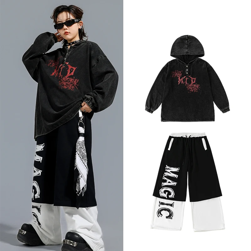 

2025 год, куртка с капюшоном для мальчиков, свободные брюки, наряды, костюмы для джазовых танцев, одежда для бальных танцев в стиле хип-хоп для девочек, DQS21087