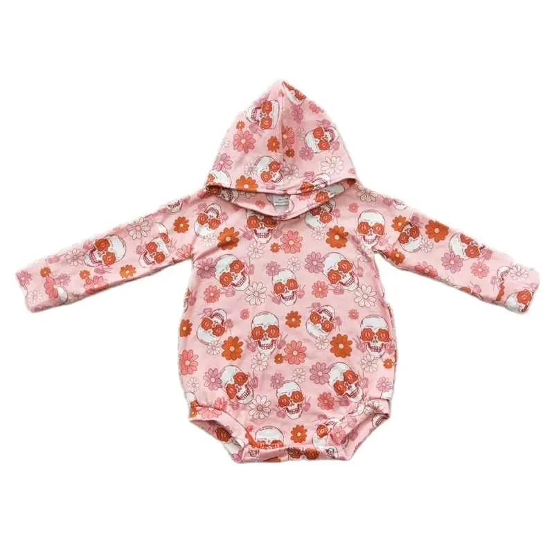 Orange Floral Skull Hooded Long Sleeve Bodysuit