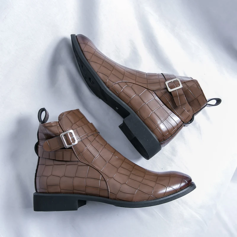 Men High Top Boots PU Embossed Pattern Solid Color Low Heel Comfortable Classic Business Men Boots Size 38-47