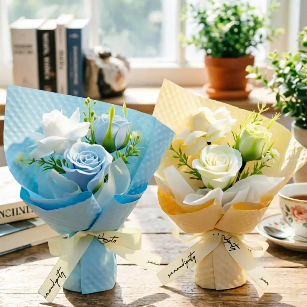 

High Simulation Flower Decor Palm-sized Flower Decoration 3 Heads Mini Artificial Rose Soap Flower Bouquet Preserved for Women