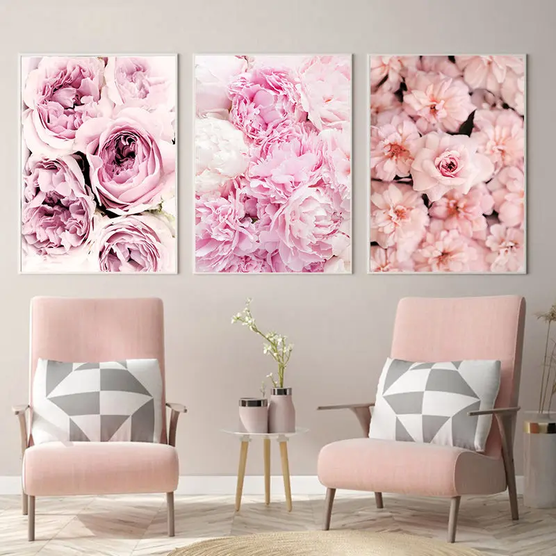 

Kawaii Pink Rose Flower Wall Art Poster и принты, Тропическое искусство без рамы, декор в стиле бохо, картина для Домашнего Дизайна