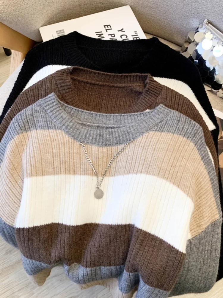 Damen Camere Gestreifte Strickwaren rund Ne Loose Fit Herbst Winter Pullover Weiche Mokka Farbe Pendeln Sle Long Sve Top