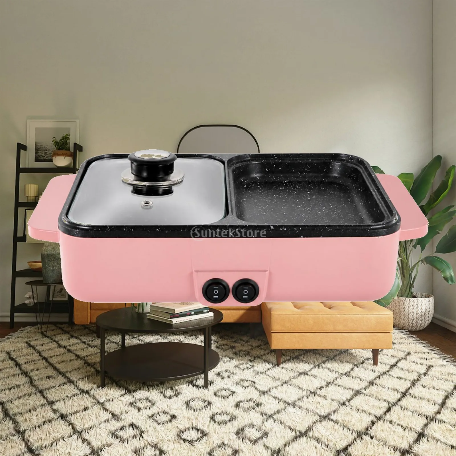 Electric Grill Hot Pot Combo Dual Heat Control Cooker 7cm Deep Pan Portable Indoor BBQ Grill for Students