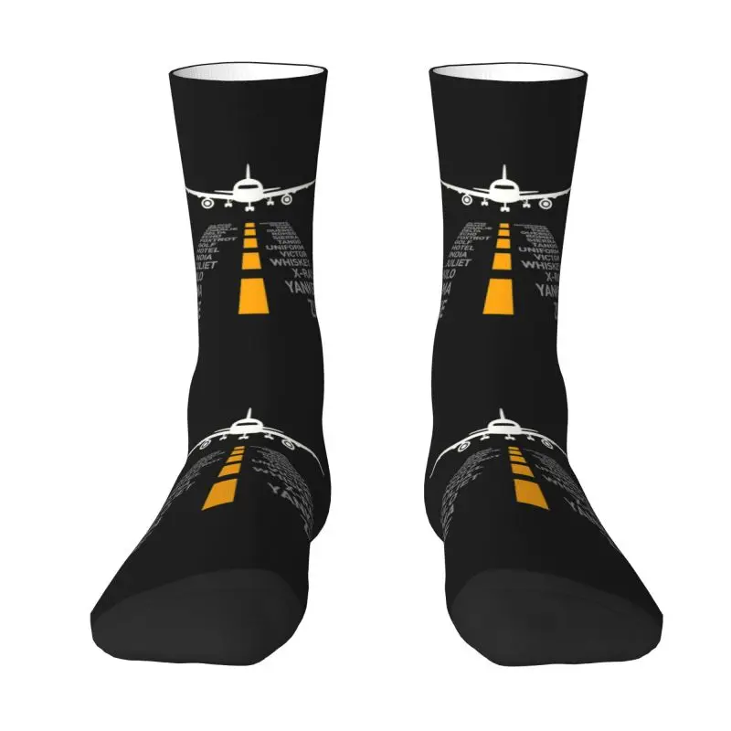 

Fun Printing Airplane Pilot Airport Runway Phonetic Alphabet Plane Socks for Men Women Stretchy Summer Autumn Winter Crew Socks