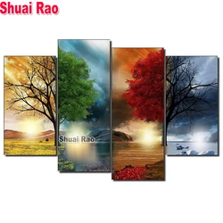 Multi-Panel Full Square or Round Diamond Painting,Four Seasons Tree Picture of Rhinestone,Mosaic Full Embroidery,4 PCs,Home Dec