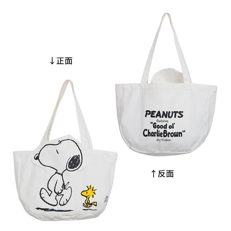 Animazione Snoopy borsa Tote in tela a spalla singola bianca di grande capacità borsa per mamma all\'aperto borsa per libri per IPad zaino per ragazze