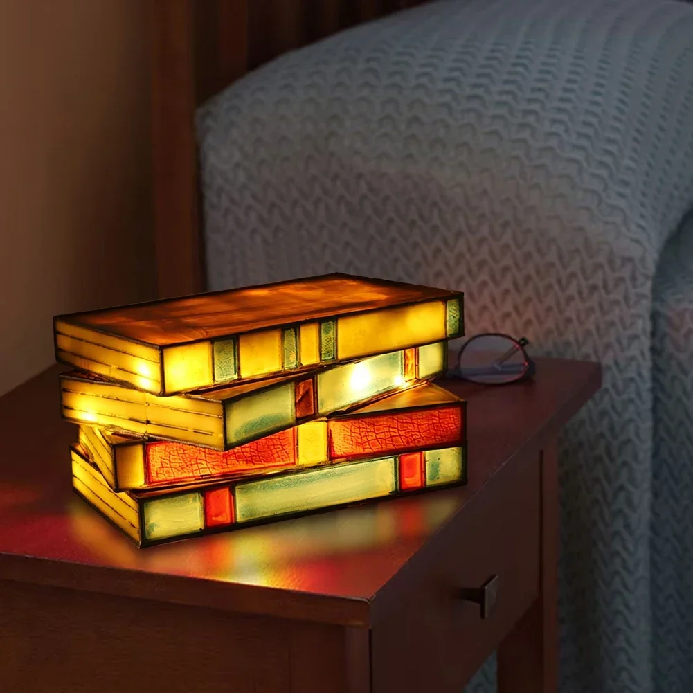 Vintage empilhados livros lâmpada decorativa artesanato empilhados livros luz vitral mesa de leitura luz cabeceira lâmpadas