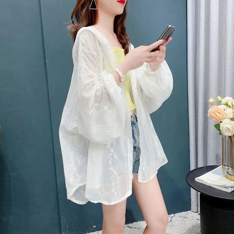 Summer New Thin White Embroidery Shirt Tops Loose Plus Size Solid Versatile Cardigan Simplicity Fashion Casual Women Clothing