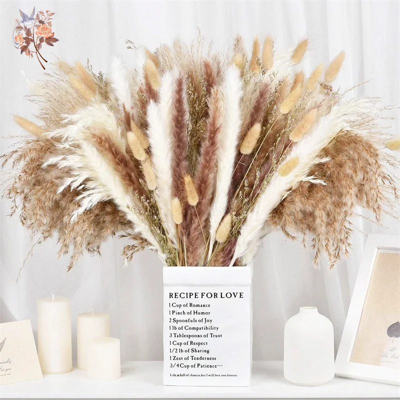 

100 Stem Dried Flower Pampas Grass Bouquet Rustic Wedding Home Table Vase Decor Real Bunny Tail Grass DIY Artificial Flowers