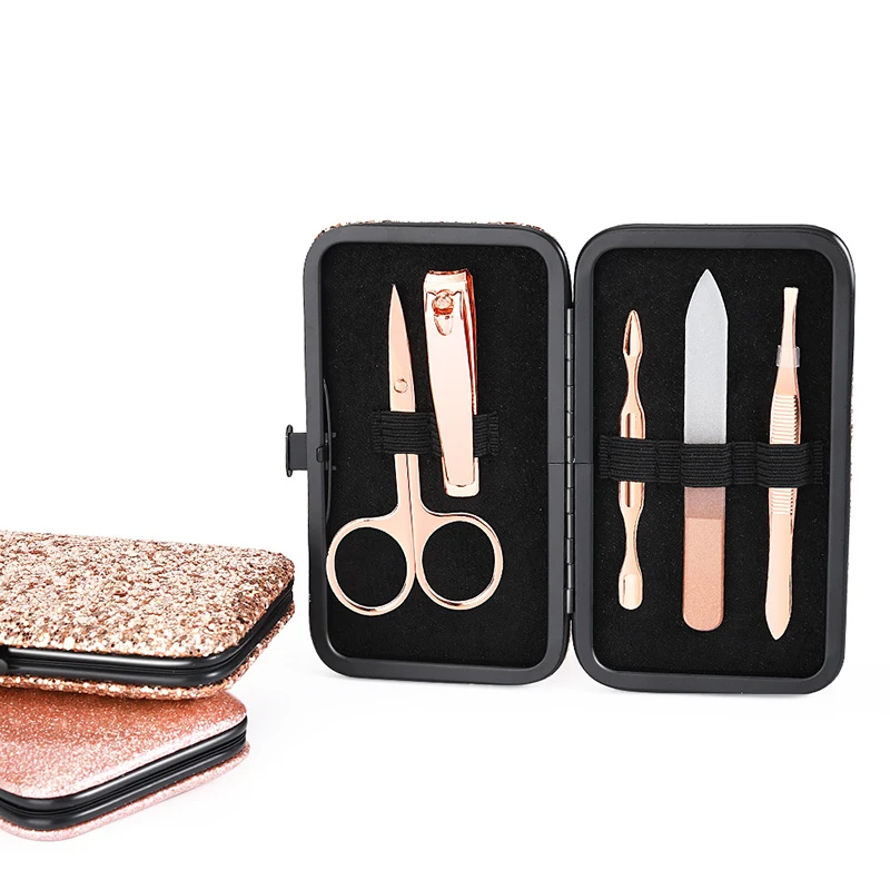 5 in 1 Glitter Cover Travel Manicure Pedicure Set Kit Tool For Women Men Girl Boy Holiday Birthday Christmas Gift Present