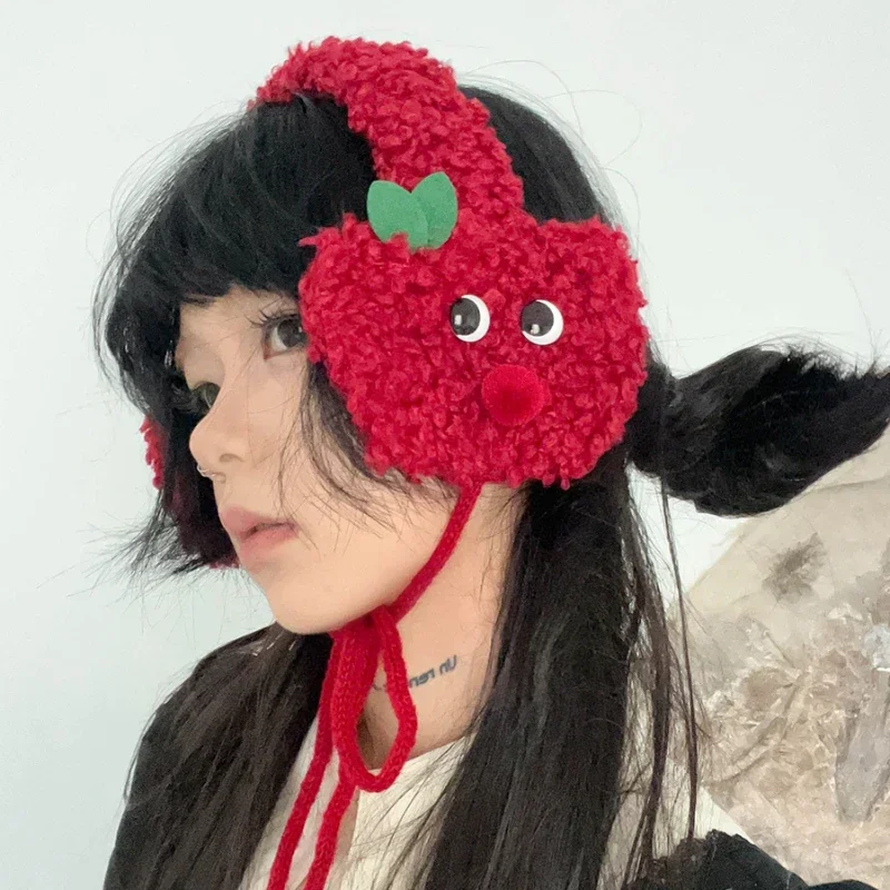 Cute Apple Shape Design Red Plush Earmuffs for Women Autumn and Winter Warm Ear Protection Fashion Versatile Straps Hairband