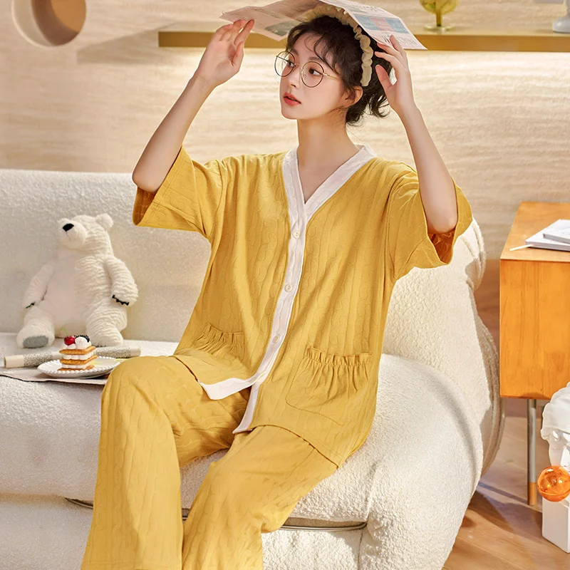 Spring and summer knitted cotton jacquard cardigan V-neck short sleeve trousers women's pajamas casual sweet teenage loungewear