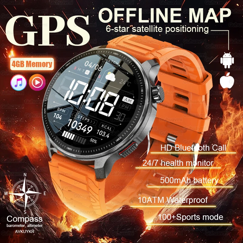 2026New Tactical Sport Smartwatch Men Built-in GPS Offline Map 4GB Memory 10ATM/IP69K Waterproof Swimming Militray Smart Bracele