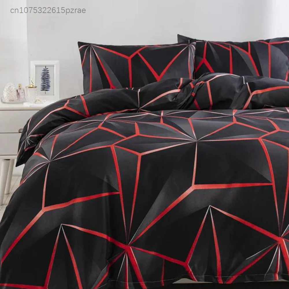 Black Red Geometric Duvet Cover Queen 3D Three Dimensional Geometrical Bedding Set Modern Abstract Neon Line Comforter Cover 3