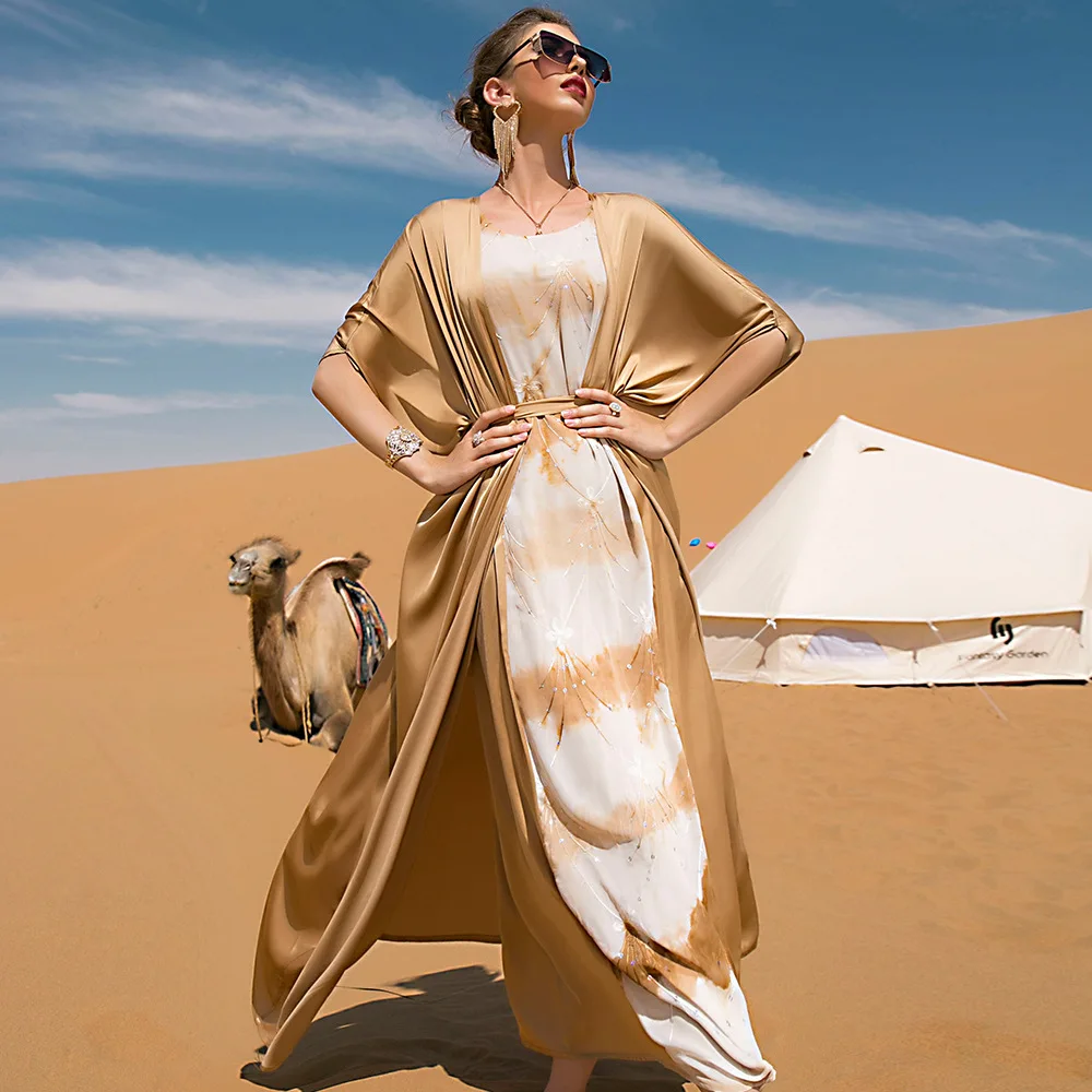 

Muslim women's sequined two-piece handmade printed dress fashion temperament slim and thin elegant clothing new