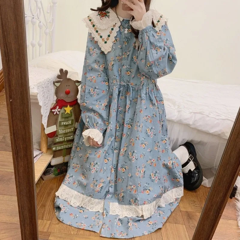 Vintage Loose Sweet Mori Girl Style Floral Printed Dress for Women Autumn Winter Kawaii Embroidery Lace Doll Collar Long Dresses