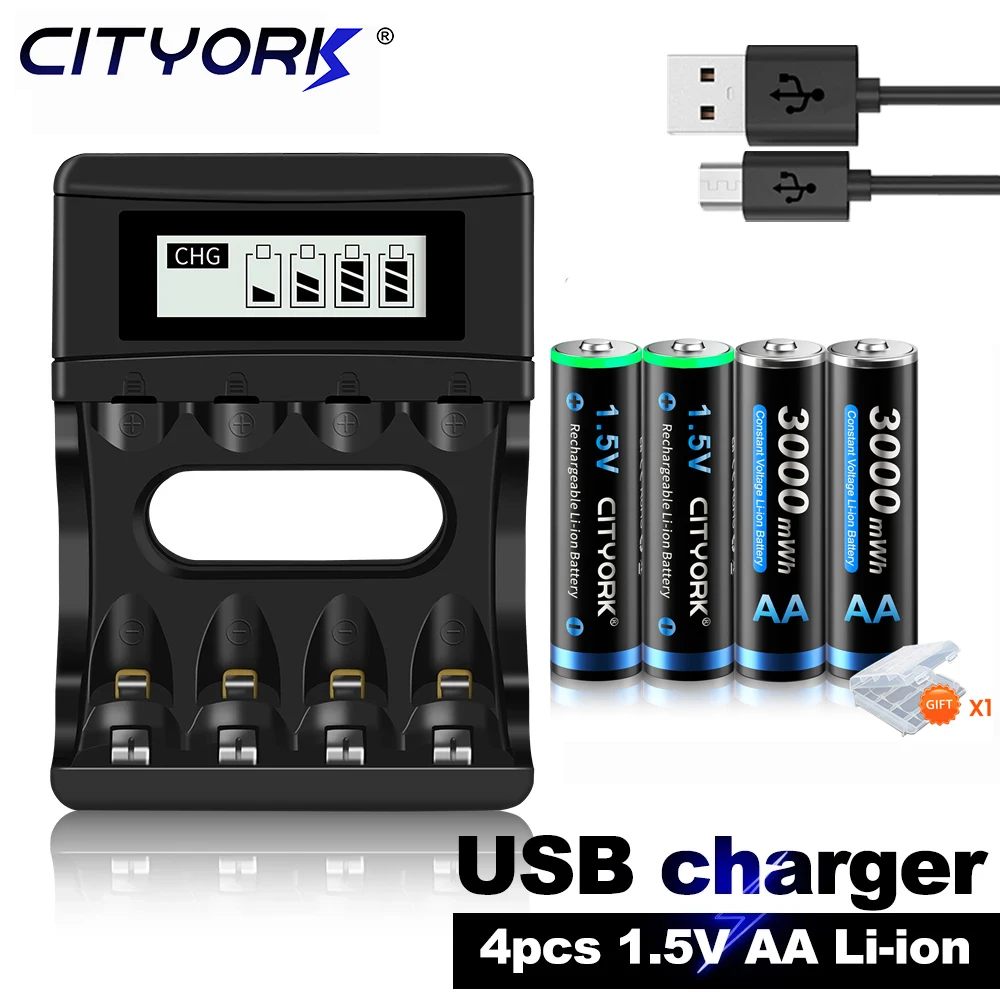 

CITYORK 1.5V AA Li-ion Rechargeable Battery 3000mWh Rechargeable Battery AA 1.5V Lithium Rechargeable battery AA + LCD Charger