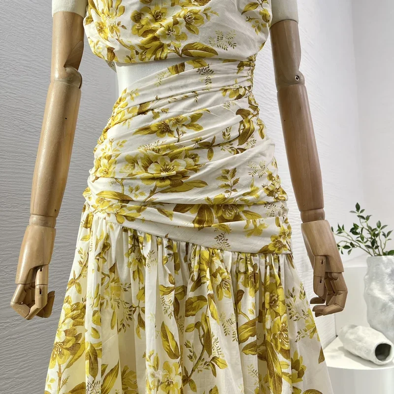 2025, neuer Stil, weiß, gelb, Blumendruck, ärmellos, asymmetrische Schulter, Ausschnitt an der Taille, unregelmäßiger Saum, Maxikleid