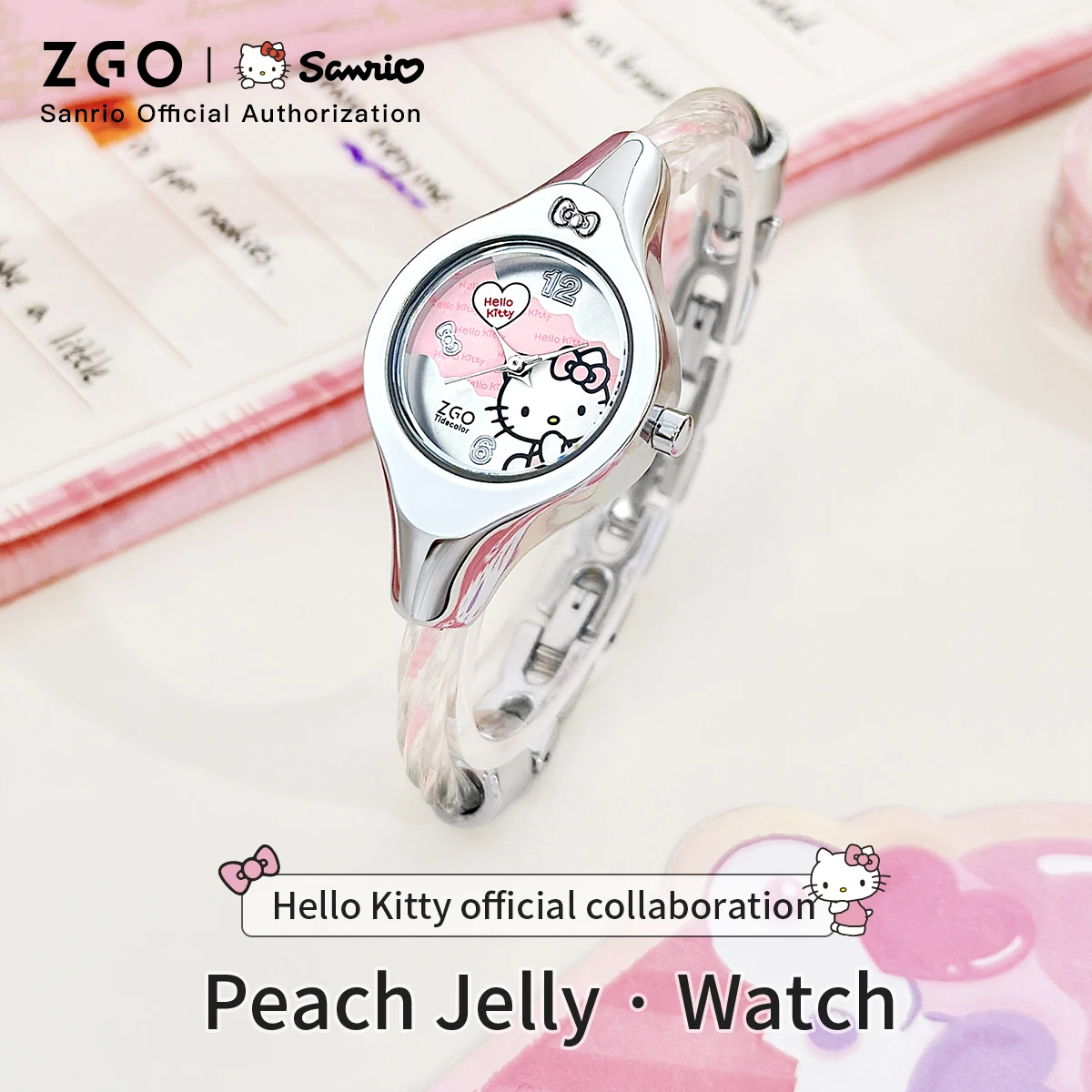 ZGO x Sanrio HelloKitty Women Watch Quartz Wristwatch Creative dial Retro Waterproof Silver Bracelet for Birthday Gift 2192