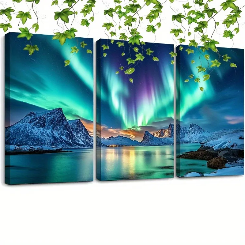 

Framed 3pcs Northern Lights Over the Lofoten Islands Canvas Wall Art Farmhouse Landscape Picture Poster for Home Office Wall