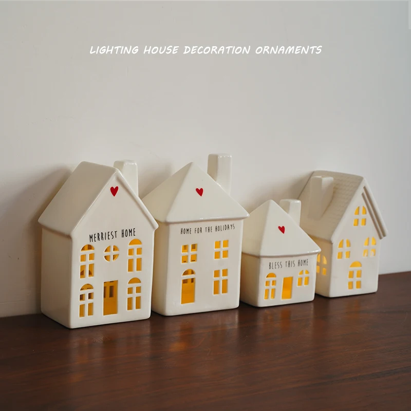 Nordic architectural style ornaments, hand-carved hollow house light ornaments, ceramic house light decorative ornaments gifts