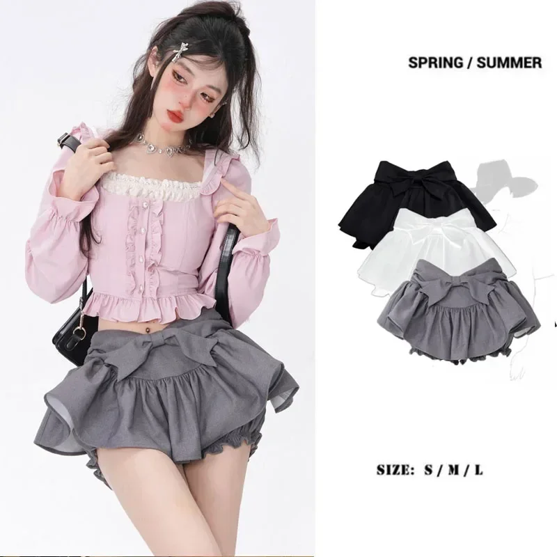 Bow Grey Fluffy Skirt Sweet Cute Women Slim Low-waisted Ruffled Edge Preppy Style Korean Fashion Pure Desire Summer DropShipping