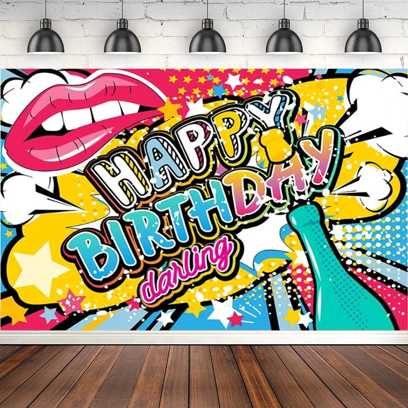 

Graffiti Birthday Photography Backdrop Red Lip Wine Bottle Poster Birthday Party Banner Decor 90s Theme Party Background