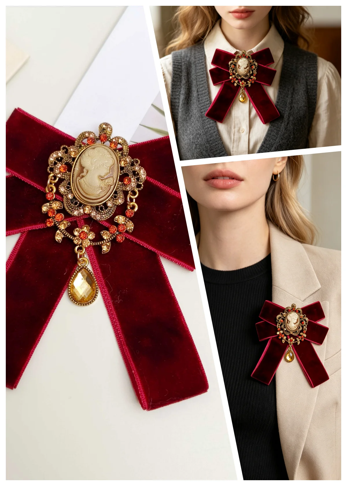 Vintage European-Style Burgundy Velvet Bow Tie, Warm Gold Cameo Portrait Relief, Orange Diamond Teardrop Citrine Pendant Collar Accessory, Elegant Girl's Shirt and Suit Decorative Collar Flower, Evening Wedding Dress Lolita Vintage Photo Accessories