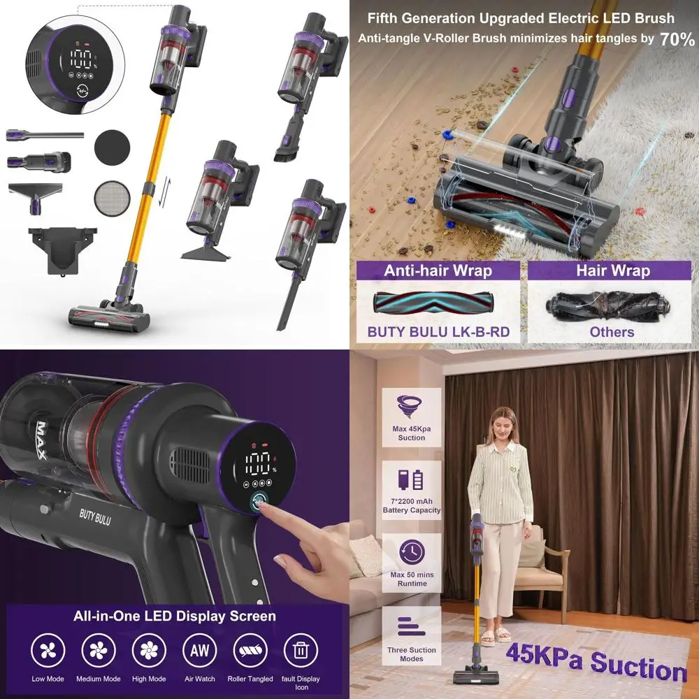 

4-in-1 Cordless Vacuum: Lightweight, 45kPa Suction, 50-Minute Run Time, LED Display for Pet Hair & Litter Cleanup