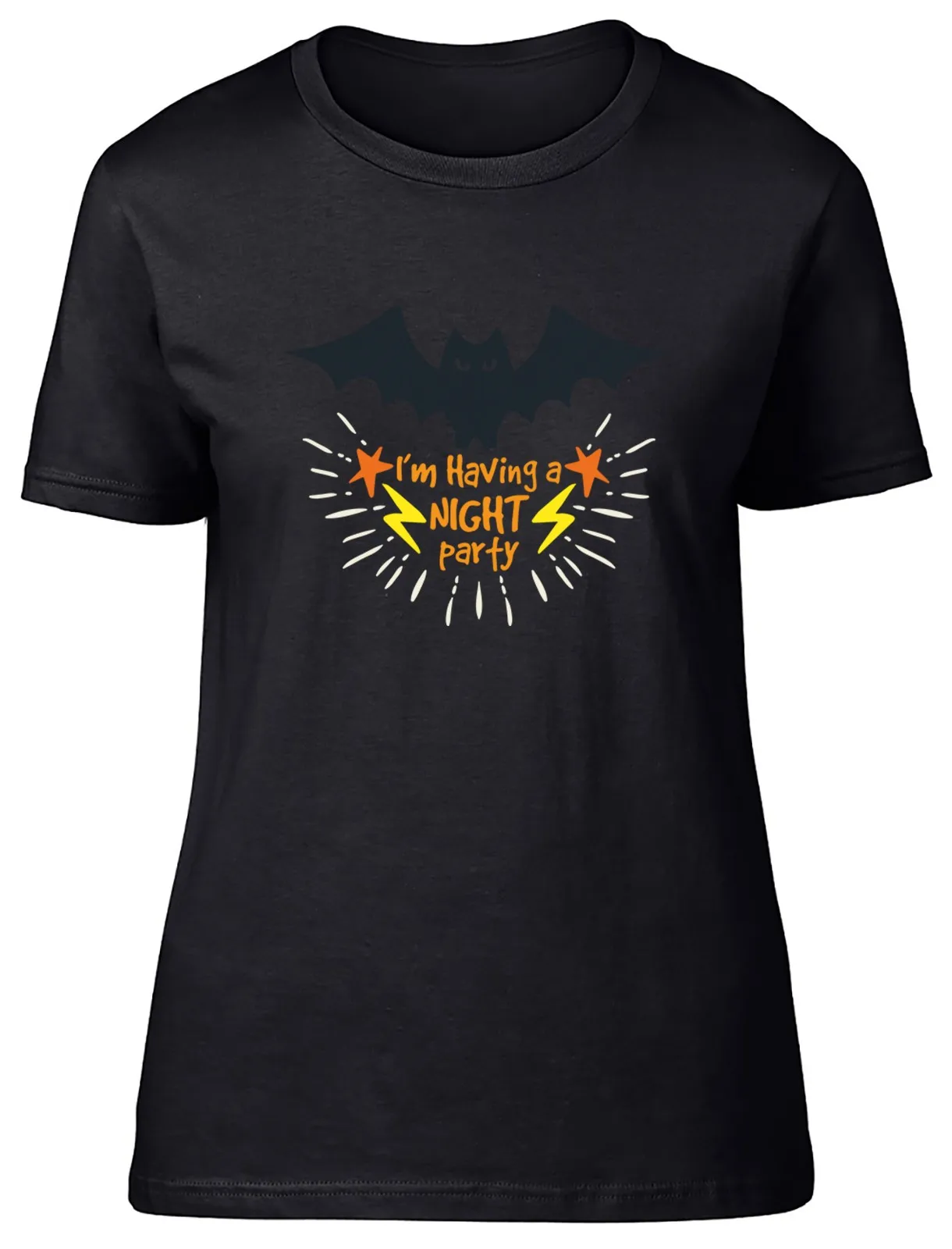 Funny Halloween Womens T-Shirt I'm Having a Night Party Flying Bat Ladies Tee