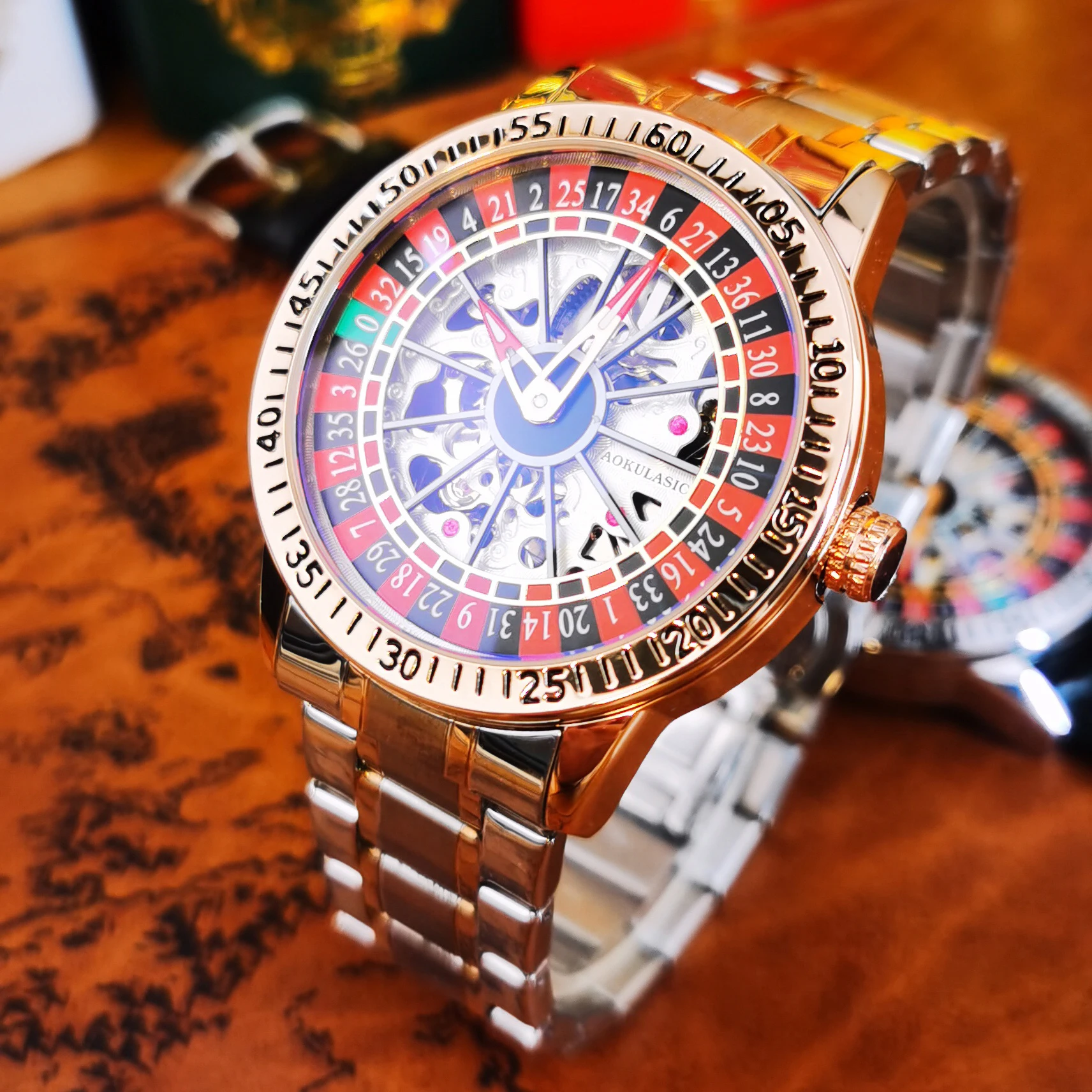 AOKULASIC Fashion Rotatable Inner Dial Skeleton Mechanical Watch for Men Luminous Hands Steel Leather Band Automatic Watches New
