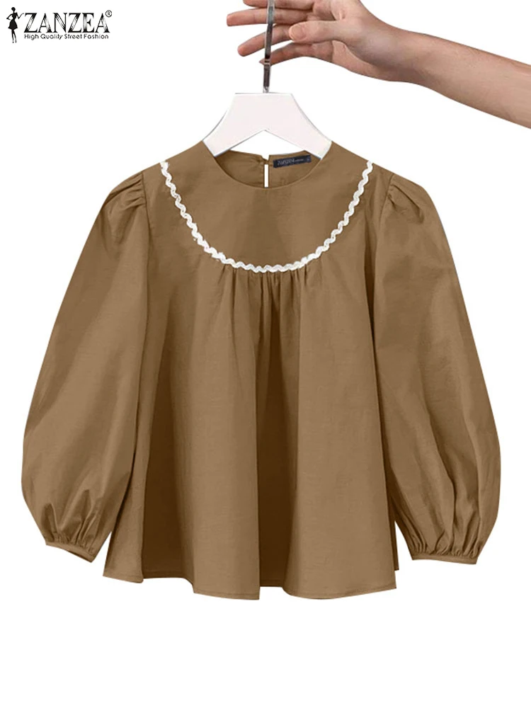 Moda coreana blusa sólida zanzea vintage renda costura camisa sweety feminino puff 3/4 manga topo férias fino início do outono túnica