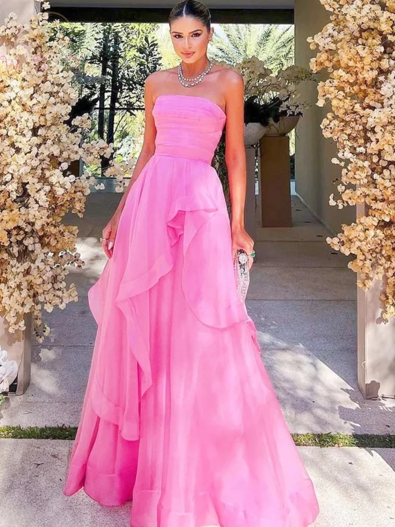 

Strapless Pink Layered High Low Prom Dresses Organza Ruffles Formal Party Evening Gowns Special Occasion Dress Custom