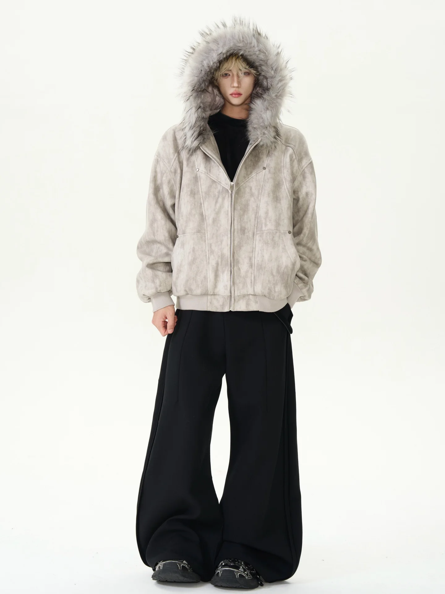 Casual High Street Harajuku Punk Y2K Fashion Vintage Fur Collar Zip Sweatshirt 2025 Hip Hop Rock Wide Hoodie Men's Couple Jacket