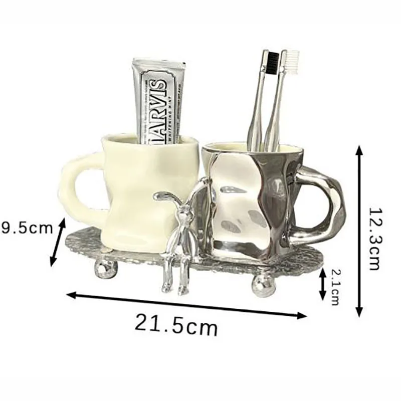 High-grade Ceramic Toothbrush Cup Couple Set Electric Silver Wash Cup with Glass Tray Rabbit Decoration Bathroom Accessories New