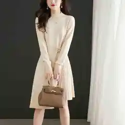 Autumn Winter Women Elegant Fashion Pleated Asymmetrical Knitted Dresses Female Half High Collar Long Sleeve Slim Sweater Dress