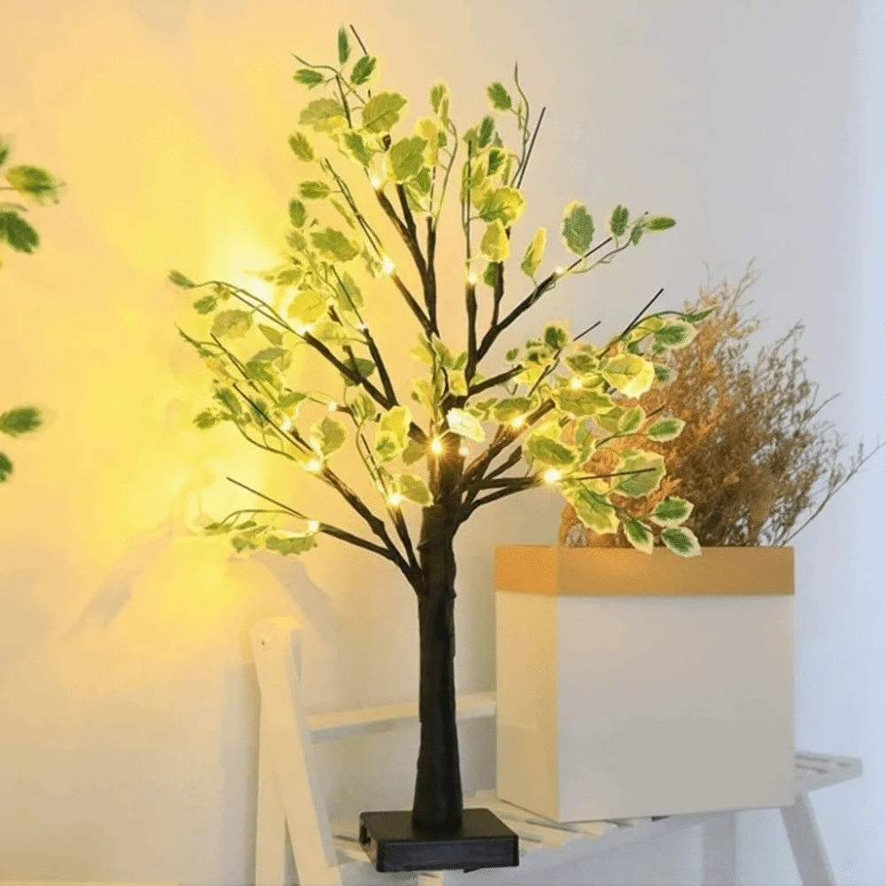 Plug-in Light LED Tree Light Warm White Energy Efficient White Birch Tree Lamp Simulation Green Leaves Luminous Decoration Tree