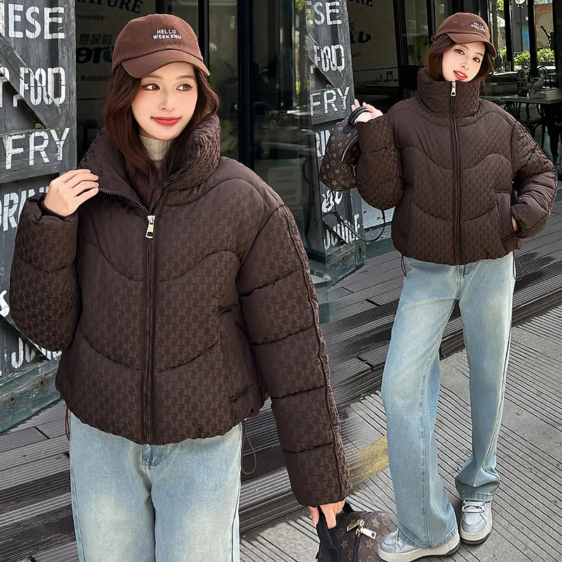 Women Short Parkas Coat Solid Jacket Pocket Zipper Drawstring Long Sleeve Stand Collar Loose Fit  Office Lady Casual 2025 Winter