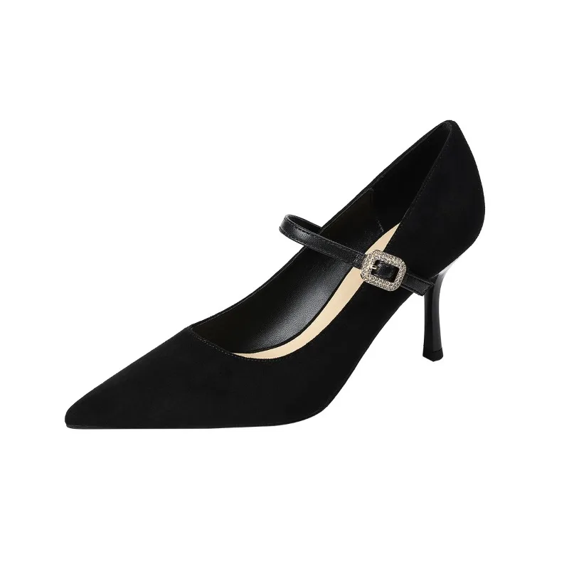

Женские туфли-лодочки на высоком каблуке 2026, черные замшевые, с ремешком на щиколотке, на шпильке, с острым носком, для офиса и вечеринок, каблук 4.5/6.5/8.5 см, Q-868