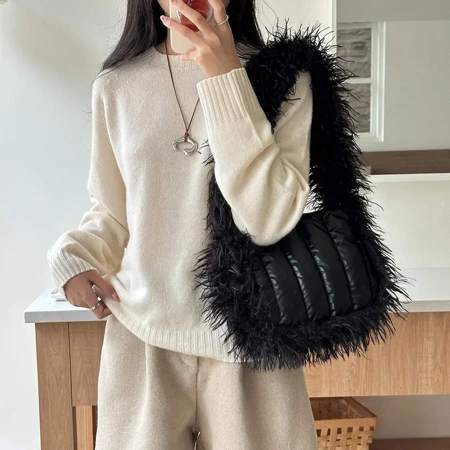 Fluffy Fur Strap Shoulder Bag Nylon Quilted Handbag Designer Bags for Women Cotton Padded Tote Phone Flap Space Down Purses New