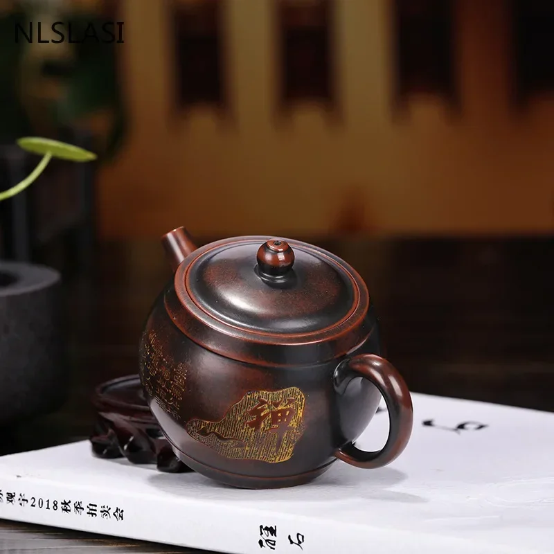 Chinese Yixing Teapot Purple Clay Hand Carved Zen Heart Sutra Tea Pot Handmade Household Tieguanyin Tea Set Tea Ceremony 210ml