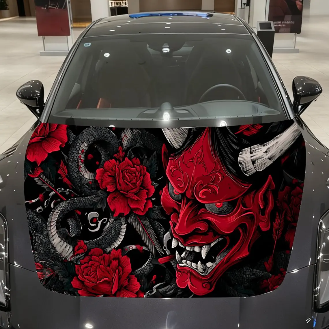 

Red Oni Mask with Black Snake and Red Peonies Car Vinyl Wrap, PVC Material Waterproof Car Hood Sticker, Self-Adhesive Scratch-Re